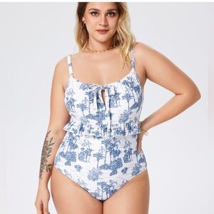 Cider women’s plus size Blue and White Ruffle Swimsuit 2XL A